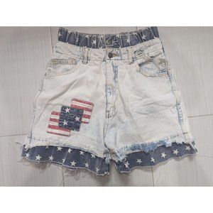 Vintage 80s Light Wash American Flag Patchwork High Rise Mom Shorts RARE 13/14